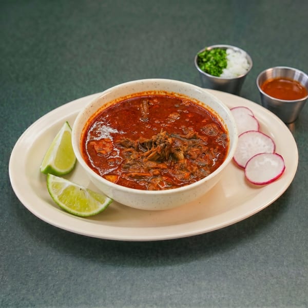 Hearty bowl of birria stew with lime wedges, sliced radishes, chopped onions, cilantro, and salsa.