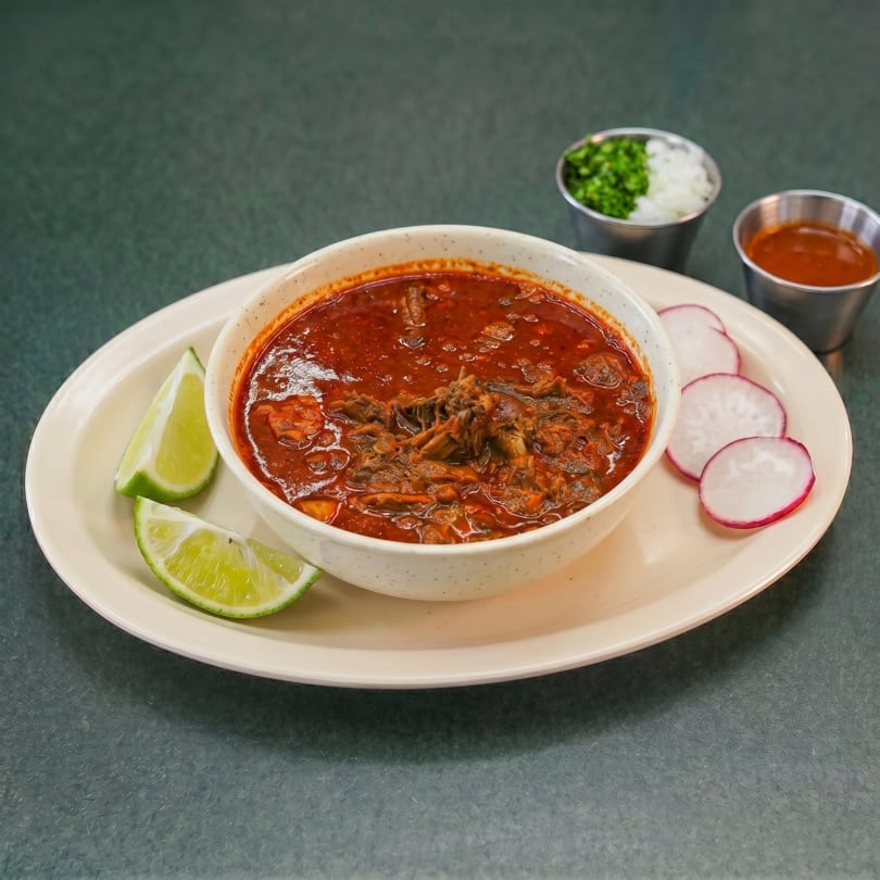 Hearty bowl of birria stew with lime wedges, radish slices, chopped onions, cilantro, and salsa.