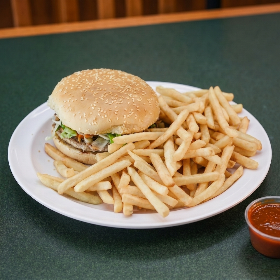 A hamburger with lettuce and onions, served with a pile of french fries and a side of sauce.