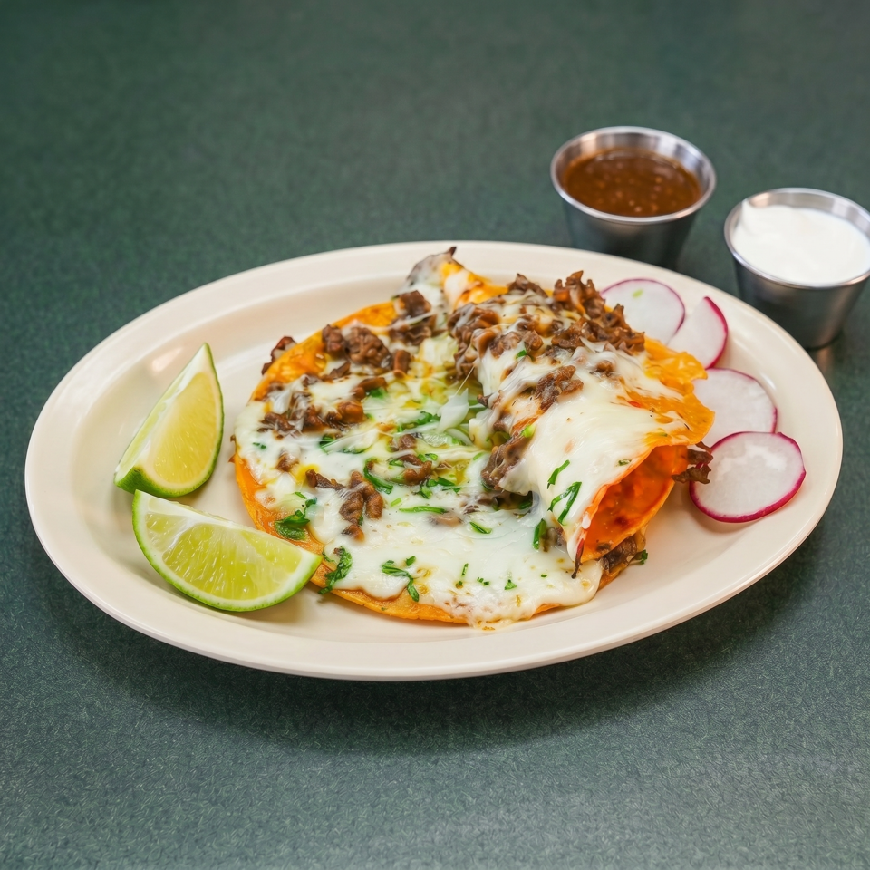 Cheesy beef quesadilla with lime wedges and radish slices, served with two dipping sauces.