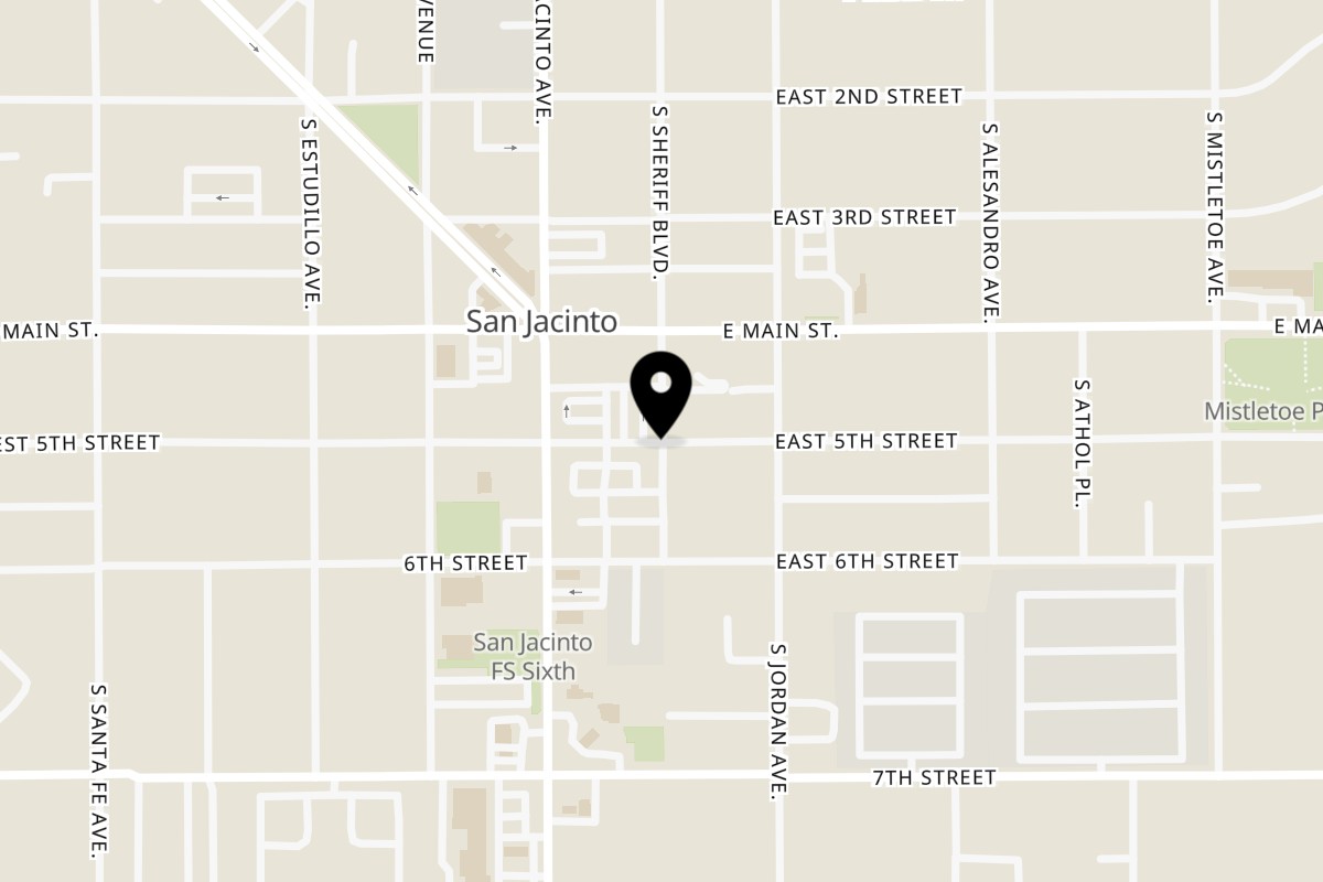 Map showing the location of Ledezmas Tacos on 151 E 5th St in San Jacinto